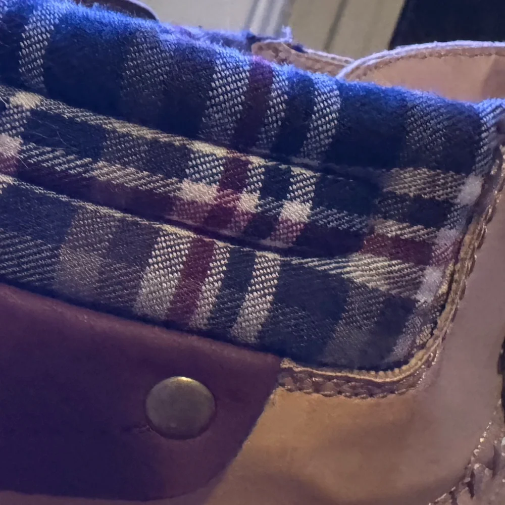 Tan Women's Lace-Up Work Boots With Plaid Ankle Cutt - Picture 7 of 10